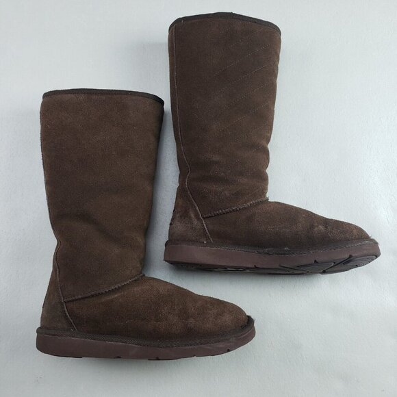Ugg Diamond Quilted Shearling Boot Womens 6 Brown Suede Pull On Tall Lined 5342 - Picture 1 of 11